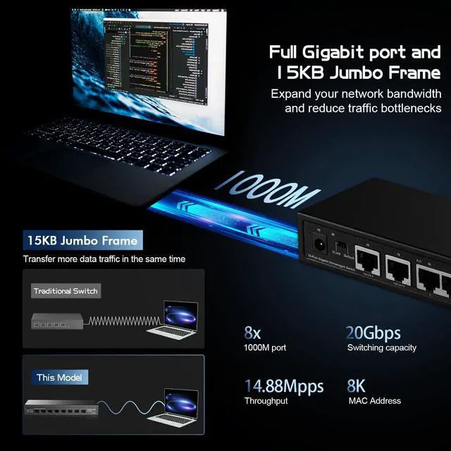 Alt view image 6 of 7 - Binardat 10 Port Gigabit Ethernet Switch, 8 Ports 100/1000Mbps, 2 Gigabit Uplink, Support Vlan, Metal Case Unmanaged Plug and Play