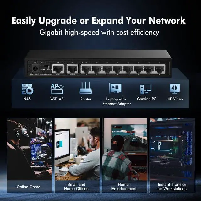 Alt view image 7 of 7 - Binardat 10 Port Gigabit Ethernet Switch, 8 Ports 100/1000Mbps, 2 Gigabit Uplink, Support Vlan, Metal Case Unmanaged Plug and Play