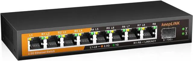 Main image of 8 Port 2.5G Switch Unmanaged, Ethernet Switch with 8 x 2.5G Base-T Ports, 1 x 10G Base-T SFP Slot, 60Gbps Switching Capacity, Plug & Play, Fanless Metal, Wall Mountable