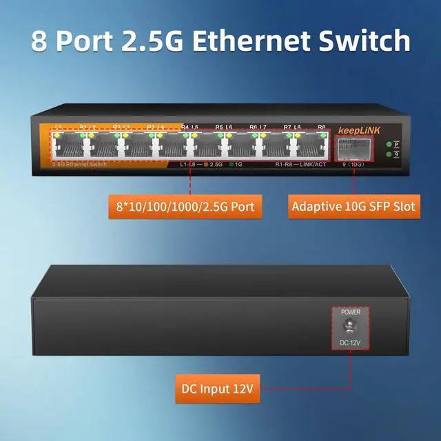 Alt view image 2 of 7 - 8 Port 2.5G Switch Unmanaged, Ethernet Switch with 8 x 2.5G Base-T Ports, 1 x 10G Base-T SFP Slot, 60Gbps Switching Capacity, Plug & Play, Fanless Metal, Wall Mountable