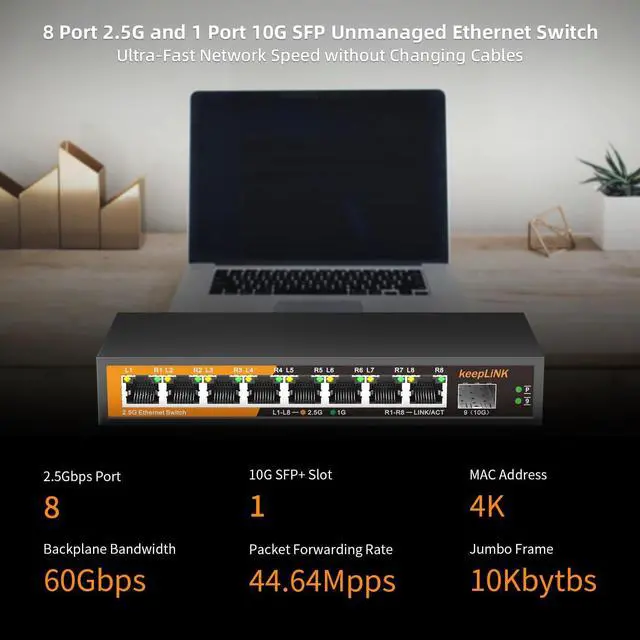 Alt view image 3 of 7 - 8 Port 2.5G Switch Unmanaged, Ethernet Switch with 8 x 2.5G Base-T Ports, 1 x 10G Base-T SFP Slot, 60Gbps Switching Capacity, Plug & Play, Fanless Metal, Wall Mountable