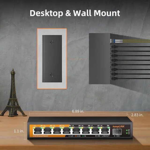 Alt view image 6 of 7 - 8 Port 2.5G Switch Unmanaged, Ethernet Switch with 8 x 2.5G Base-T Ports, 1 x 10G Base-T SFP Slot, 60Gbps Switching Capacity, Plug & Play, Fanless Metal, Wall Mountable