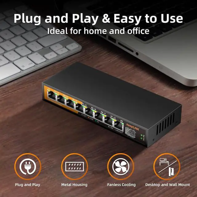 Alt view image 7 of 7 - 8 Port 2.5G Switch Unmanaged, Ethernet Switch with 8 x 2.5G Base-T Ports, 1 x 10G Base-T SFP Slot, 60Gbps Switching Capacity, Plug & Play, Fanless Metal, Wall Mountable