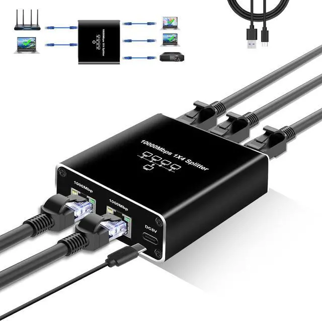 Main image of NEWCARE 5 Port Gigabit Ethernet Switch with USB Power Cable, 1000Mbps Ethernet Splitter 1 to 4 Out [4 Devices Simultaneous Networking], Computer High Speed LAN Internet Splitter for Cat 5/5e/6/7/8