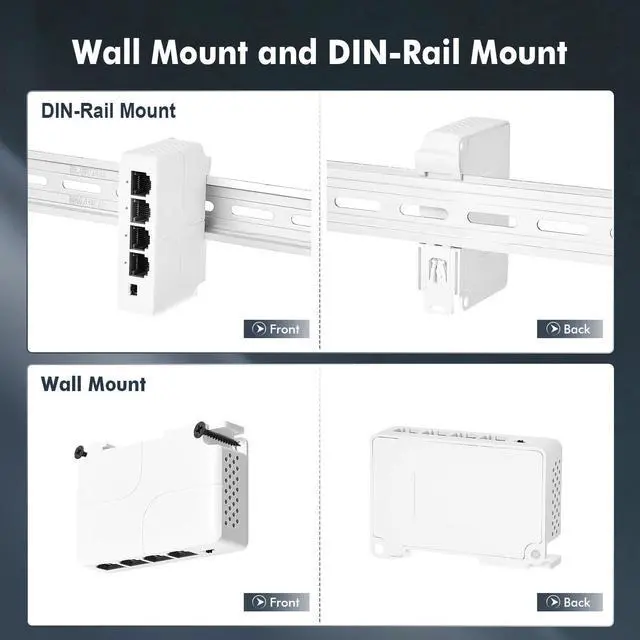 Alt view image 5 of 7 - PoE Passthrough Switch, 1 PoE in 3 PoE Out Extender, IEEE802.3af/at PoE Powered, 100Mbps Ethernet, din-Rail & Wall Mount