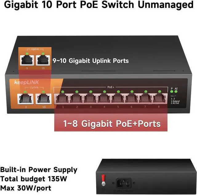Alt view image 2 of 7 - 8 Port Gigabit PoE Switch with 2 Gigabit Uplink, 135W Built-in Power Supply, 802.3AF/at Compliant, Desktop or Wall Mount, Ethernet Network Switch Unmanaged