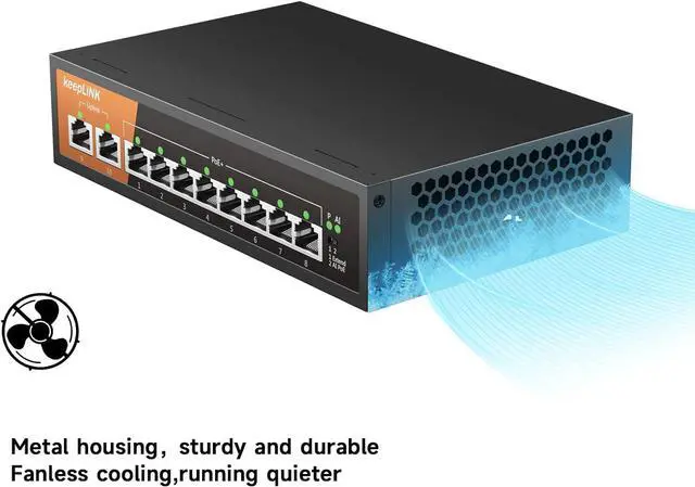 Alt view image 5 of 7 - 8 Port Gigabit PoE Switch with 2 Gigabit Uplink, 135W Built-in Power Supply, 802.3AF/at Compliant, Desktop or Wall Mount, Ethernet Network Switch Unmanaged