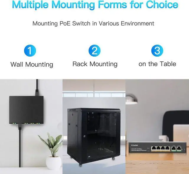 Alt view image 7 of 7 - MokerLink 5 Port Gigabit POE Switch, with 4 POE+ Ports 1000Mbps, 78W IEEE802.3af/at, Unmanaged Plug and Play, Sturdy Metal Fanless