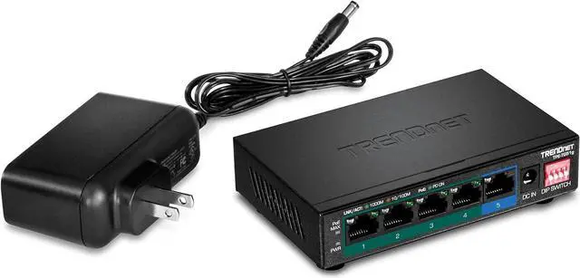 Main image of TRENDnet 5-Port Gigabit PoE+ Switch, Camera DIP Switch extends PoE+ 200m (656 ft.), 60W PoE Budget,Lifetime Protection, Black, TPE-TG51g