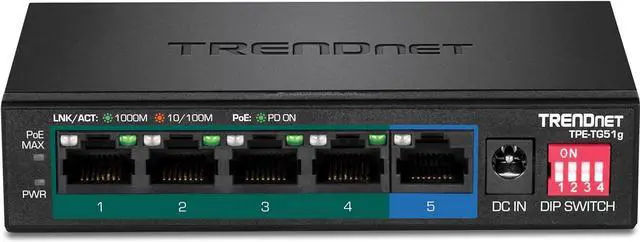 Alt view image 7 of 7 - TRENDnet 5-Port Gigabit PoE+ Switch, Camera DIP Switch extends PoE+ 200m (656 ft.), 60W PoE Budget,Lifetime Protection, Black, TPE-TG51g