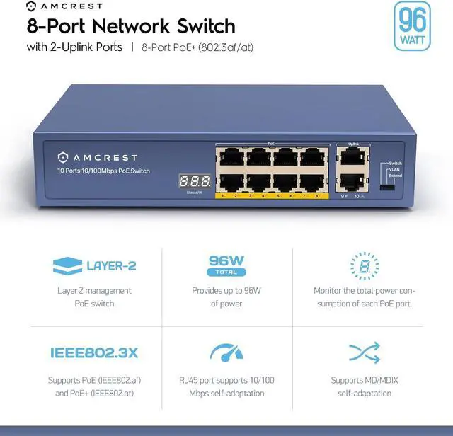 Alt view image 2 of 5 - Amcrest 9-Port POE+ Power Over Ethernet POE Switch with Metal Housing, 8-Ports POE+ 802.3at 96w (AMPS9E8P-AT-96)