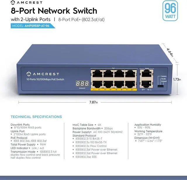 Alt view image 4 of 5 - Amcrest 9-Port POE+ Power Over Ethernet POE Switch with Metal Housing, 8-Ports POE+ 802.3at 96w (AMPS9E8P-AT-96)