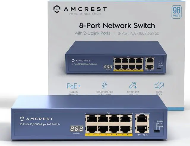Alt view image 5 of 5 - Amcrest 9-Port POE+ Power Over Ethernet POE Switch with Metal Housing, 8-Ports POE+ 802.3at 96w (AMPS9E8P-AT-96)