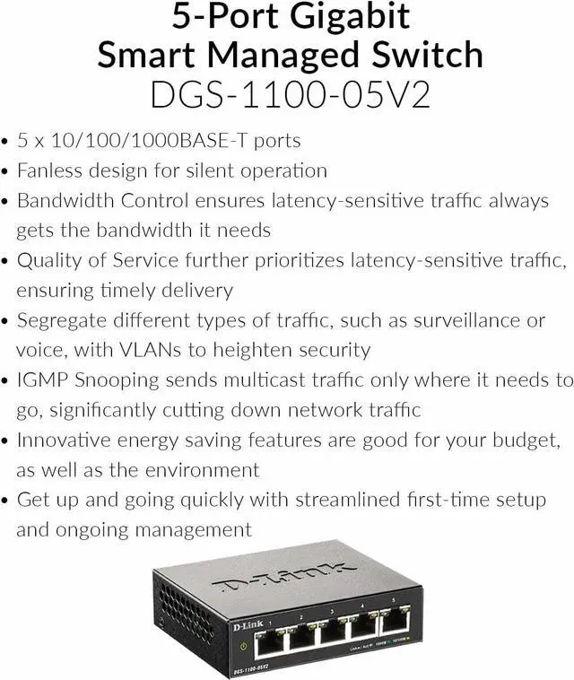 Alt view image 3 of 7 - D-Link 5-Port Gigabit Smart Managed Switch | 5GbE Ports | L2 |VLANs | Web Managed | Desktop| Fanless | NDAA Compliant | Lifetime Warranty (DGS-1100-05V2)