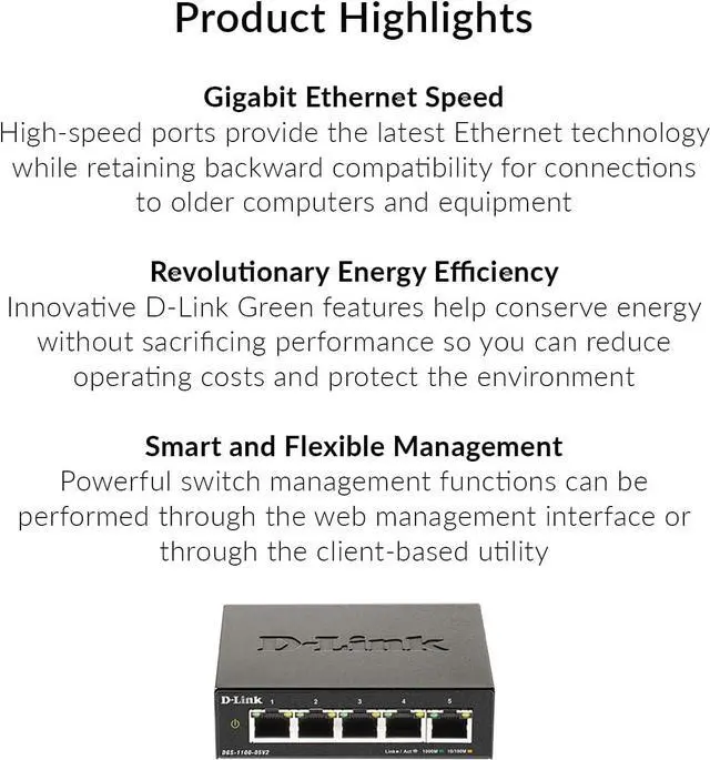 Alt view image 2 of 7 - D-Link 5-Port Gigabit Smart Managed Switch | 5GbE Ports | L2 |VLANs | Web Managed | Desktop| Fanless | NDAA Compliant | Lifetime Warranty (DGS-1100-05V2)
