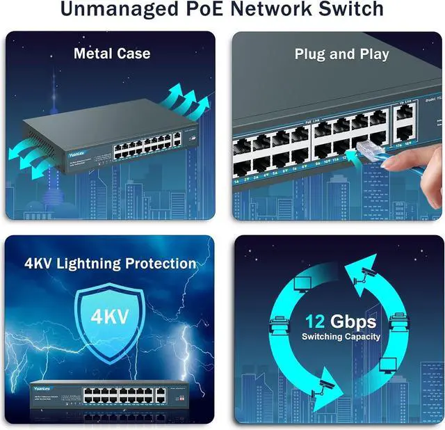 Alt view image 5 of 7 - YuanLey 16 Port PoE Switch with 2 Gigabit Uplink, 16 PoE+ Port 10/100Mbps Network Switch, 802.3af/at Compliant, Durable Metal with 250W High Power, Unmanaged Plug and Play