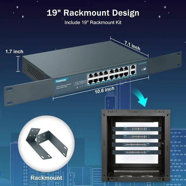 Alt view image 6 of 7 - YuanLey 16 Port PoE Switch with 2 Gigabit Uplink, 16 PoE+ Port 10/100Mbps Network Switch, 802.3af/at Compliant, Durable Metal with 250W High Power, Unmanaged Plug and Play