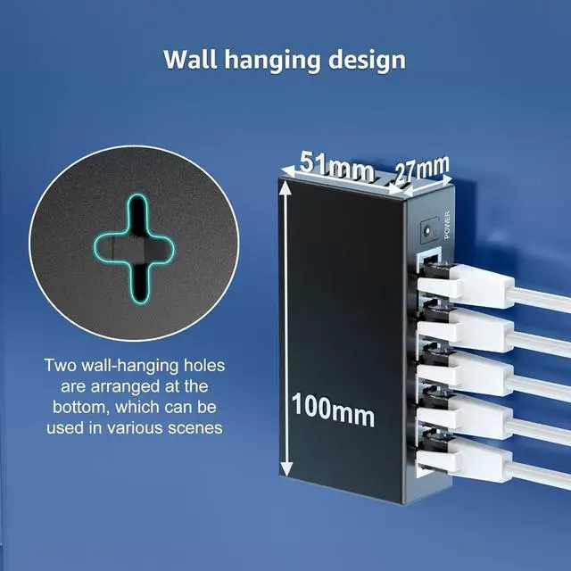 Alt view image 7 of 7 - 5-Port Gigabit Ethernet Switch, 5 Port 10/100/1000Mbps Network Ethernet Switch, 5-Port Ethernet Splitter Unmanaged, Metal Case, Mini Body, Fanless, Plug and Play, Wall-Mounted, VM-GS0500