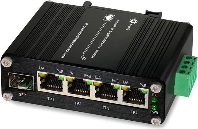 Main image of Industrial Gigabit 4 Ports PoE Ethernet Switch PoE+ Fiber Switch with 100/1000M Adaptive SFP Slot Din Rail Unmanaged 10/100/1000Mbps Network Switch IEEE802.3af/at 30W/Port Max 120W 12-48V DC