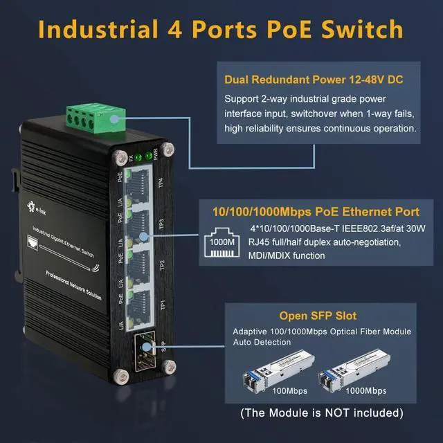 Alt view image 2 of 7 - Industrial Gigabit 4 Ports PoE Ethernet Switch PoE+ Fiber Switch with 100/1000M Adaptive SFP Slot Din Rail Unmanaged 10/100/1000Mbps Network Switch IEEE802.3af/at 30W/Port Max 120W 12-48V DC