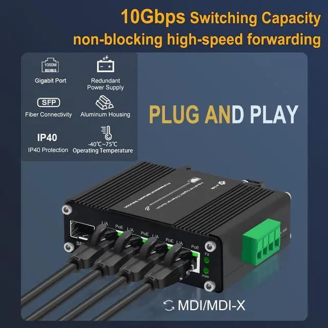 Alt view image 5 of 7 - Industrial Gigabit 4 Ports PoE Ethernet Switch PoE+ Fiber Switch with 100/1000M Adaptive SFP Slot Din Rail Unmanaged 10/100/1000Mbps Network Switch IEEE802.3af/at 30W/Port Max 120W 12-48V DC