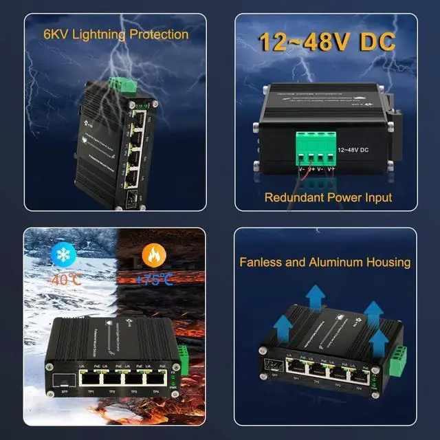 Alt view image 6 of 7 - Industrial Gigabit 4 Ports PoE Ethernet Switch PoE+ Fiber Switch with 100/1000M Adaptive SFP Slot Din Rail Unmanaged 10/100/1000Mbps Network Switch IEEE802.3af/at 30W/Port Max 120W 12-48V DC