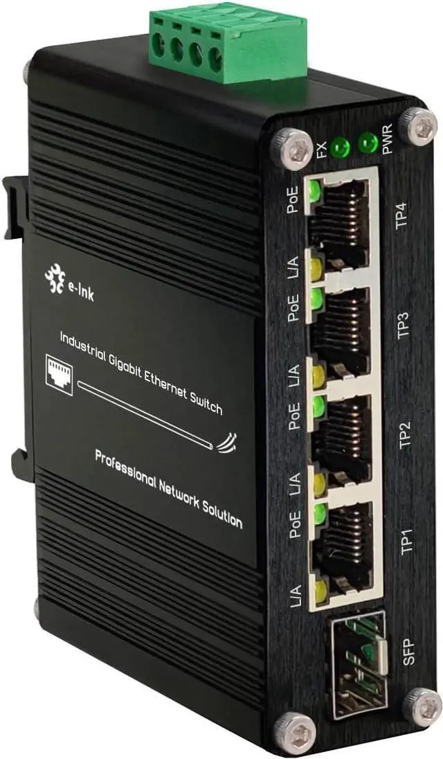 Alt view image 7 of 7 - Industrial Gigabit 4 Ports PoE Ethernet Switch PoE+ Fiber Switch with 100/1000M Adaptive SFP Slot Din Rail Unmanaged 10/100/1000Mbps Network Switch IEEE802.3af/at 30W/Port Max 120W 12-48V DC