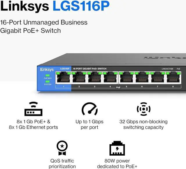 Alt view image 2 of 7 - Linksys LGS116P 16 Port Gigabit Unmanaged Network PoE Switch with 8 PoE+ Ports @ 80W - Ideal for Business, Home, Office, IP Surveillance - Ethernet Switch Hub with Metal Housing, Desktop / Wall Mount