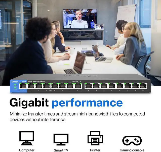 Alt view image 3 of 7 - Linksys LGS116P 16 Port Gigabit Unmanaged Network PoE Switch with 8 PoE+ Ports @ 80W - Ideal for Business, Home, Office, IP Surveillance - Ethernet Switch Hub with Metal Housing, Desktop / Wall Mount