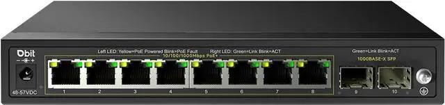 Main image of DBIT 10-Port Gigabit Network Switch with 8 PoE+ Ports @125W with 2 Combo SFP Slots, Unmanaged PoE Switch, 802.3af/at Compliant, Desktop/Wall-Mount, Plug & Play, VLAN Mode, Metal Case Fanless (WS2082A)