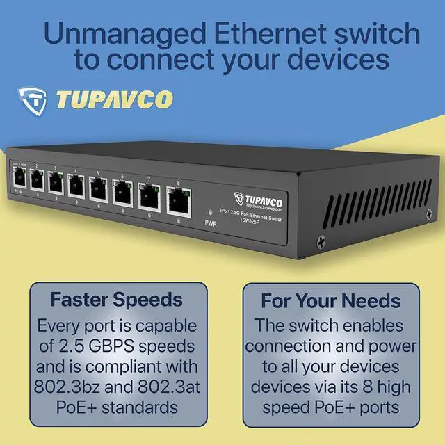 Alt view image 6 of 7 - 2.5GB Switch (8 Port) PoE++ for Ethernet Network - 1x90W (802.3bt) 7x30W (802.3at) Ports - High Speed 10M/100M/1G/2.5G Gigabit (802.3bz) - Unmanaged LAN Splitter - Tupavco TP1981