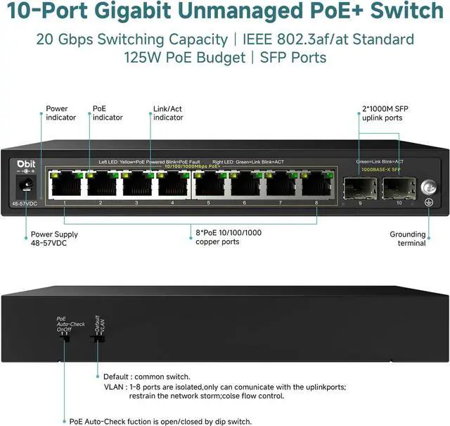 Alt view image 6 of 7 - DBIT 10-Port Gigabit Network Switch with 8 PoE+ Ports @125W with 2 Combo SFP Slots, Unmanaged PoE Switch, 802.3af/at Compliant, Desktop/Wall-Mount, Plug & Play, VLAN Mode, Metal Case Fanless (WS2082A)