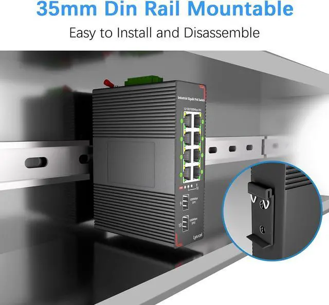 Alt view image 7 of 7 - 8-Port PoE Gigabit Industrial Ethernet Switch, 96W PoE Budget 48-57V Output, 2 x SFP Gigabit Slots with One 1000Base-T Module, Unmanaged Hardened Din Rail PoE Switch, with Power Supply