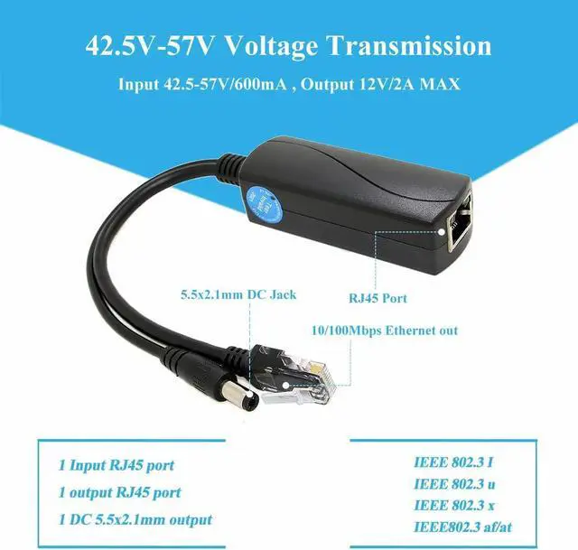 Alt view image 3 of 5 - Active PoE Splitter 12V 2A Output, IEEE 802.3af/at Standard 10/100Mbps Power Over Ethernet Splitter for Security IP Camera DC Jack (PS5712AT Black)