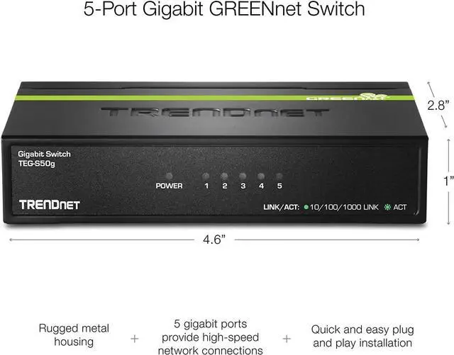 Alt view image 3 of 5 - TRENDnet 5-Port Unmanaged Gigabit Network Ethernet Switch, TEG-S50g, Desktop Ethernet Network Switch, Ethernet Splitter, 5 x Gigabit Ports, 10 Gbps Switching Fabric, Lifetime Protection, Black