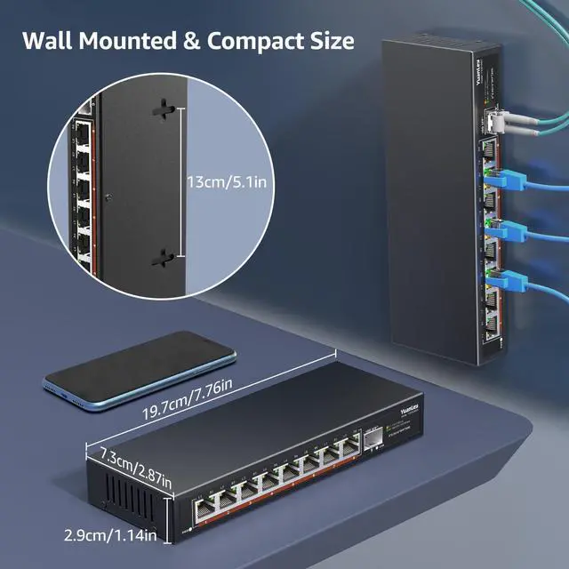 Alt view image 5 of 7 - 8 Port 2.5G Unmanaged Desktop Ethernet Switch with 10G SFP, 8 x 2.5G Base-T Ports, 60Gbps Switching Capacity, Compatible with 100/1000/2500Mbps, Metal Fanless, YuanLey 2.5Gbe Network Switch Wall Mount