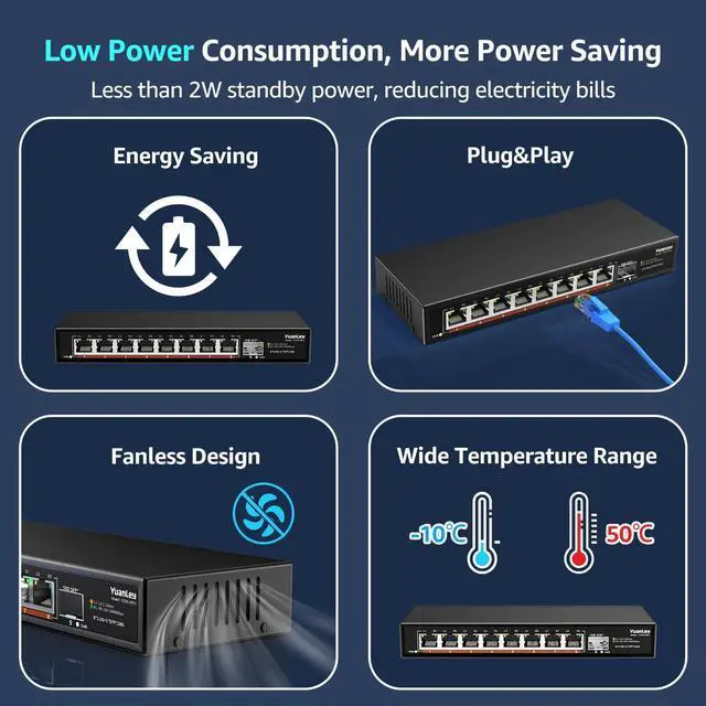 Alt view image 6 of 7 - 8 Port 2.5G Unmanaged Desktop Ethernet Switch with 10G SFP, 8 x 2.5G Base-T Ports, 60Gbps Switching Capacity, Compatible with 100/1000/2500Mbps, Metal Fanless, YuanLey 2.5Gbe Network Switch Wall Mount