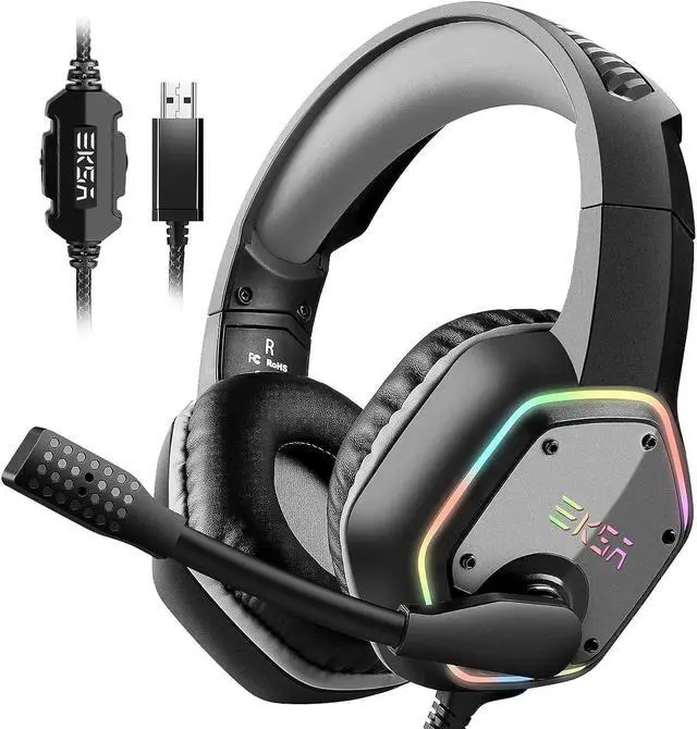 Main image of EKSA E1000 USB Gaming Headset for PC, Computer Headphones with Microphone/Mic Noise Cancelling, 7.1 Surround Sound, RGB Light - Wired Headphones for PS4, PS5 Console, Laptop, Call Center