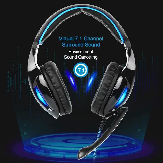 Alt view image 4 of 5 - SADES SA902 Stereo Gaming Headset 7.1 USB Surround Sound PC Headsets Over-Ear Gaming Headphones with Microphone LED Light Black Blue