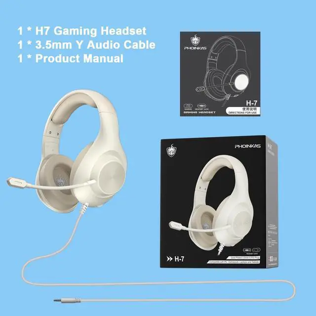 Alt view image 6 of 7 - Gaming Headset for PS5 PS4 PC, Wired Headsets with 7.1 Surround Sound, H-7 Gaming Over Ear Headphones with Noise Cancelling Flexible Mic Memory Earmuffs, for PC/PS5/PS4/XboxSeries X/S/Switch (White)