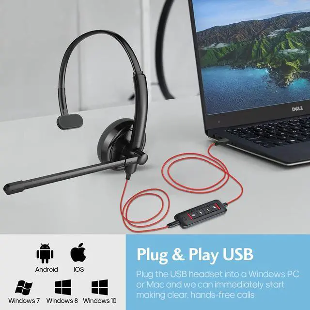Alt view image 5 of 6 - HROEENOI Premium USB Wired Headset with Noise-Cancelling Microphone, Ideal for PC, Laptop, Zoom Calls, Skype Meetings, Call Centers, and Home Office Use with in-Line Controls for Volume & Mic Mute