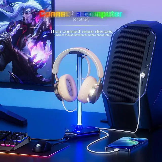 Alt view image 2 of 7 - COZOO RGB Headphone Stand with 2 USB2.0 Extension Charging Port Extender Cord Headset Stand Holder for Gamer Desktop Table Game Earphone Accessories PC Gaming Accessories for Gamer Gifts for Boyfriend
