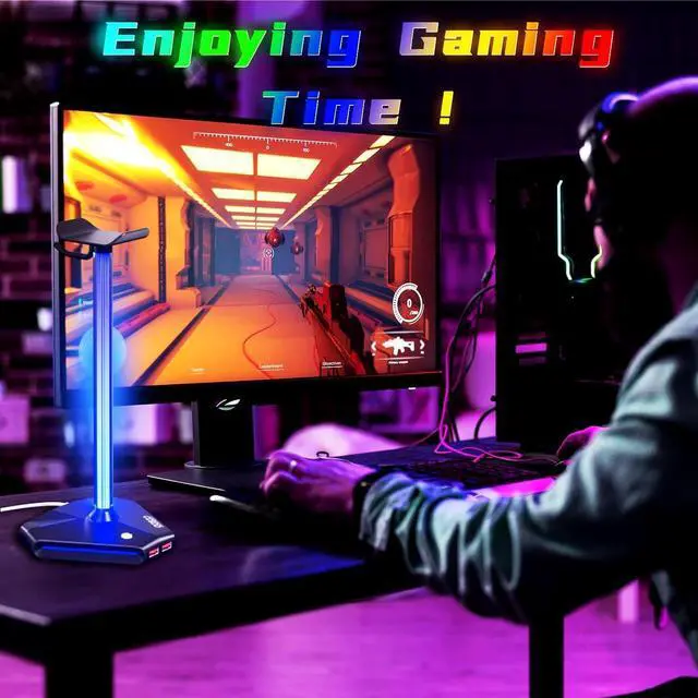 Alt view image 4 of 7 - COZOO RGB Headphone Stand with 2 USB2.0 Extension Charging Port Extender Cord Headset Stand Holder for Gamer Desktop Table Game Earphone Accessories PC Gaming Accessories for Gamer Gifts for Boyfriend