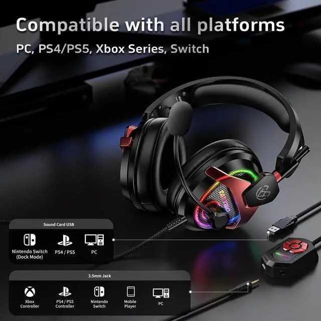 Alt view image 6 of 7 - PC Gaming Headset with Mic for PS5 PS4 Xbox, USB Headset with 7.1 Surround Sound, Wired 3.5mm Headphones, RGB