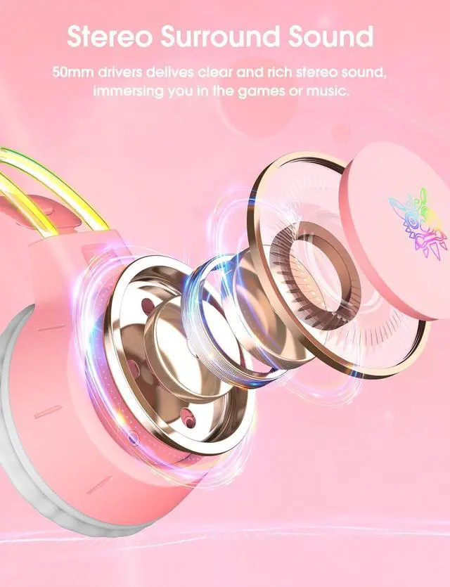 Alt view image 4 of 7 - Lightweight Gaming Headset with Detachable Cat Ears, RGB Lighting, Wired Over Ear Headphones with Mic for PC, PS4, PS5, Xbox, Switch, Stereo Surround Sound, Self-Adjusting Headband