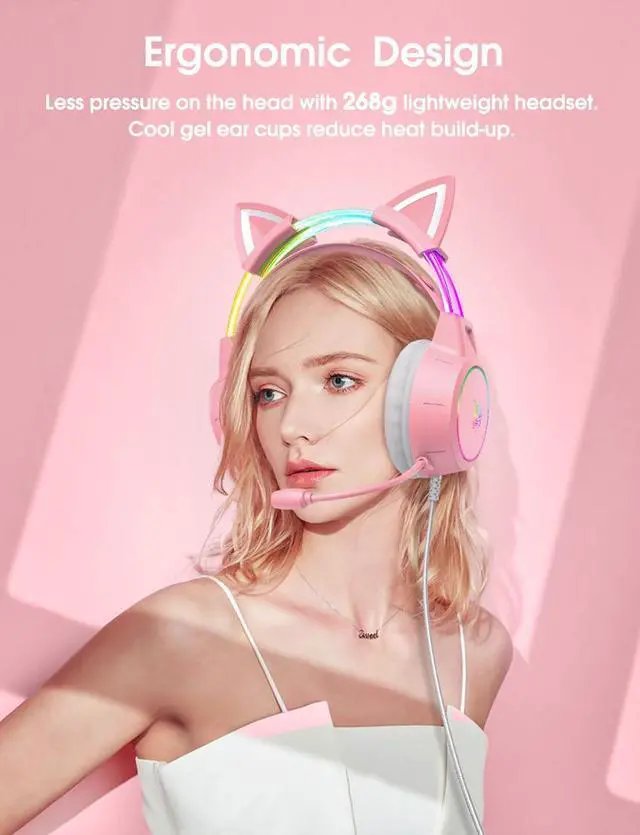 Alt view image 6 of 7 - Lightweight Gaming Headset with Detachable Cat Ears, RGB Lighting, Wired Over Ear Headphones with Mic for PC, PS4, PS5, Xbox, Switch, Stereo Surround Sound, Self-Adjusting Headband