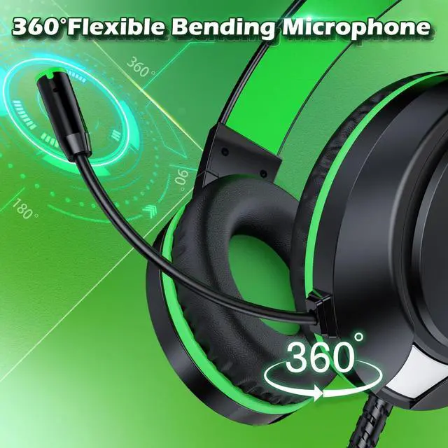Alt view image 4 of 7 - KHAZNEH H-10 Gaming Headset for PS4, Xbox One, PC, PS5, Nintendo Switch, Stereo Wired Noise Cancelling Over Ear Headphones with Mic for Kids Adults, Bass Surround, Soft Memory Earmuffs, Green