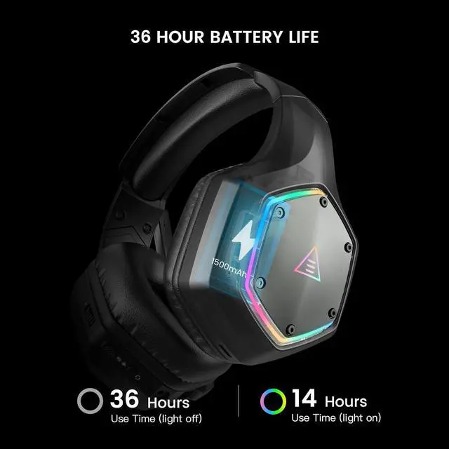 Alt view image 5 of 7 - EKSA Wireless Gaming Headset for PS4 PS5 PC, 7.1 Surround Sound Headset with Mic ENC & RGB Light, 36 Hour Battery, 2.4G USB Gaming Headphones for Computer, Laptop, 3.5mm Jack