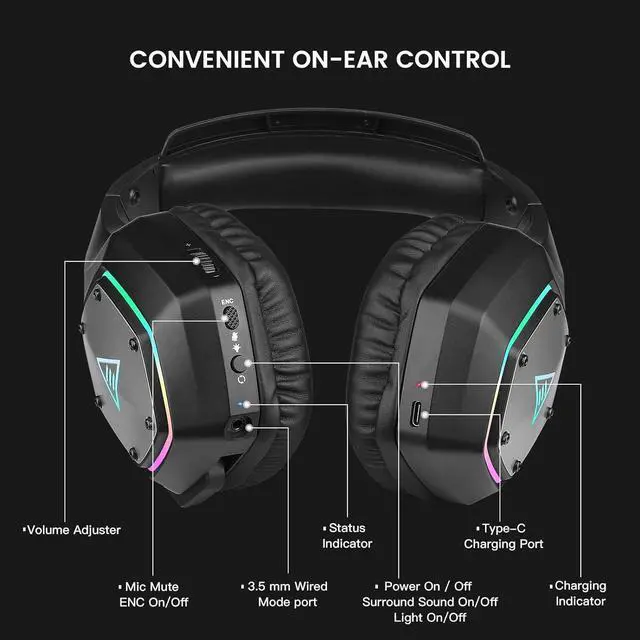 Alt view image 7 of 7 - EKSA Wireless Gaming Headset for PS4 PS5 PC, 7.1 Surround Sound Headset with Mic ENC & RGB Light, 36 Hour Battery, 2.4G USB Gaming Headphones for Computer, Laptop, 3.5mm Jack