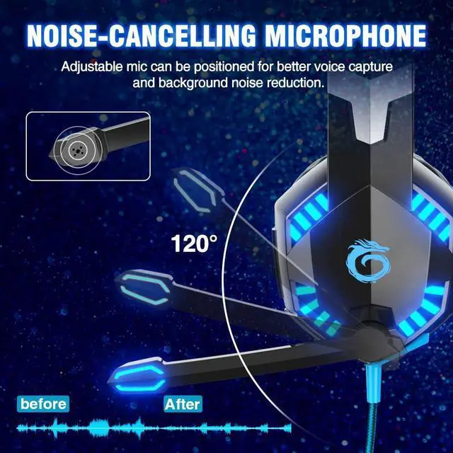 Alt view image 3 of 7 - VersionTECH. G2000 Gaming Headset for PS5 PS4 Xbox One Controller,Bass Surround Noise Cancelling Mic, Over Ear Headphones with LED Lights for Mac Laptop Xbox Series X S Nintendo Switch NES PC Games